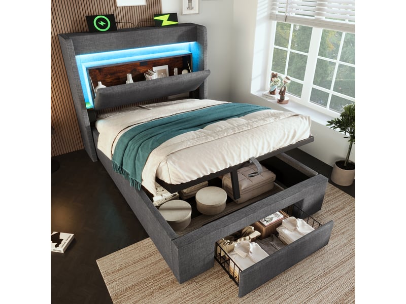 Lit en lin avec rangement hydraulique et tête de lit à compartiment de rangement - Conforama E