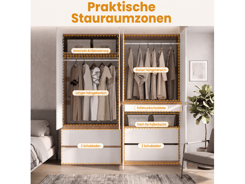  Armoire 6 portes avec 2 penderies et 5 tiroirs pour chambre, en mdf et panneaux de particules, blanc, 180 × 50 × 200 cm  - Conforama E