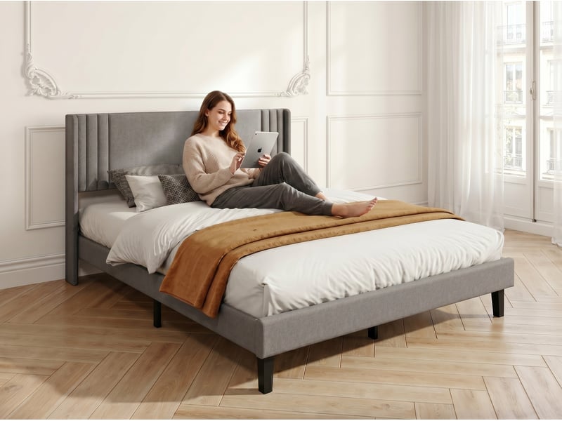  Lit coffre 140x200cm - lit 2 places - avec led - velours - beige, sommier à lattes (matelas non inclus)  - Conforama E