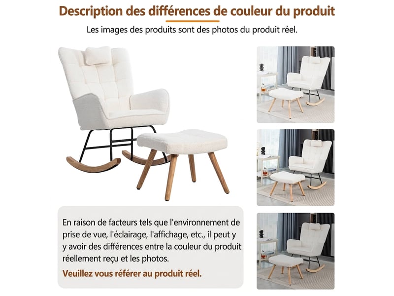  Fauteuil à bascule blanc avec repose-pieds et coussin, tissu bouclette, cadre en bois d'hévéa, assise 65 cm  - Conforama E