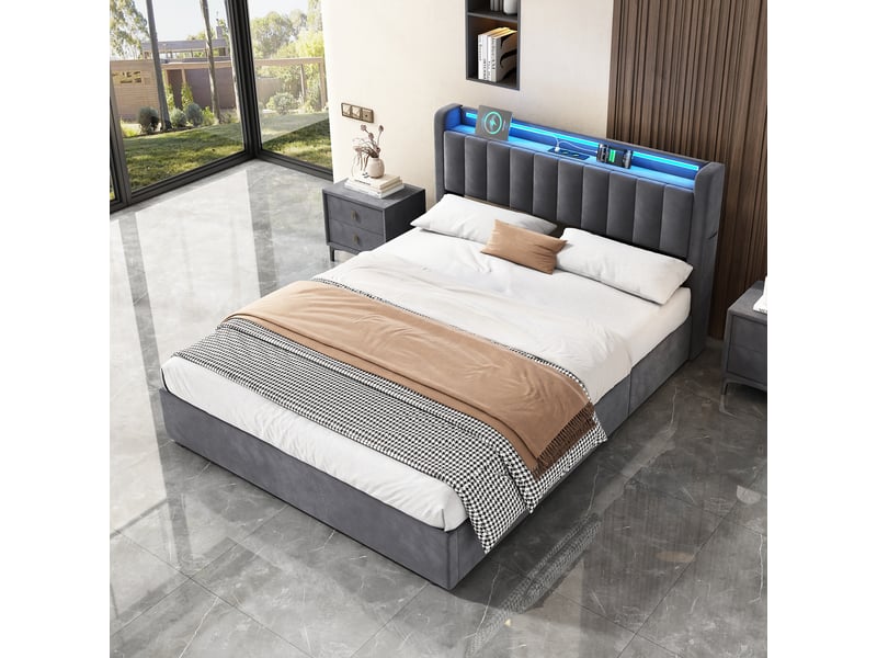  Lit coffre 2 places 140 x 200 cm cm avec led et usb, velours, gris foncé  - Conforama E