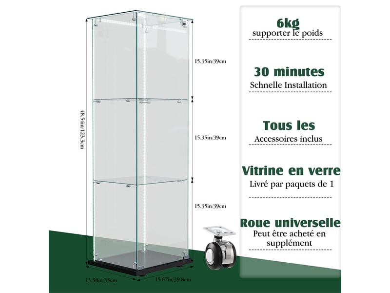  Vitrine en verre 123.3x39.8x35cm - vitrine 1 porte 3 niveaux avec lampe tactile et base noire - meuble de présentation - noir  - Conforama E