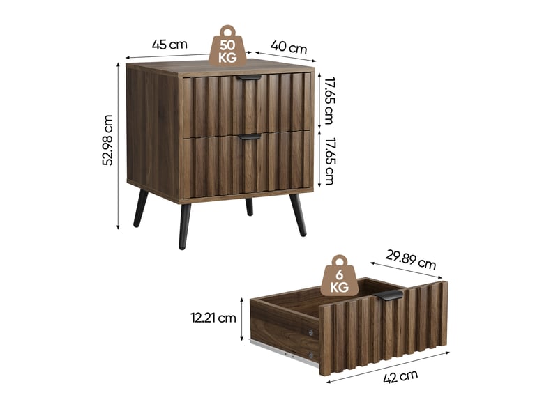  Table de nuit moderne - design encastré - deux tiroirs spacieux - dimensions - couleur noyer - matériau mdf 45x40x53cm - Conforama B