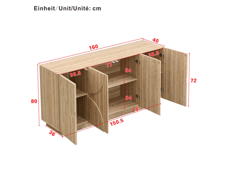  Buffet 4 portes naturel en panneaux de particules 160 x 40 x 80 cm  - Conforama E