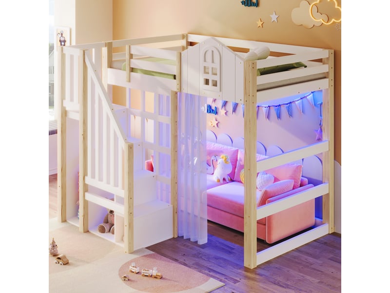 Lit mezzanine 90x200 cm avec rangements led et garde-corps, lit enfant avec sommier à lattes en pin blanc et naturel - Conforama D