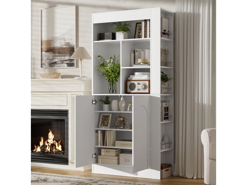  Meuble de rangement blanc 85x35x180cm - grand meuble de salon multifonctionnel avec étagères ouvertes, portes et niches latérales  - Conforama C
