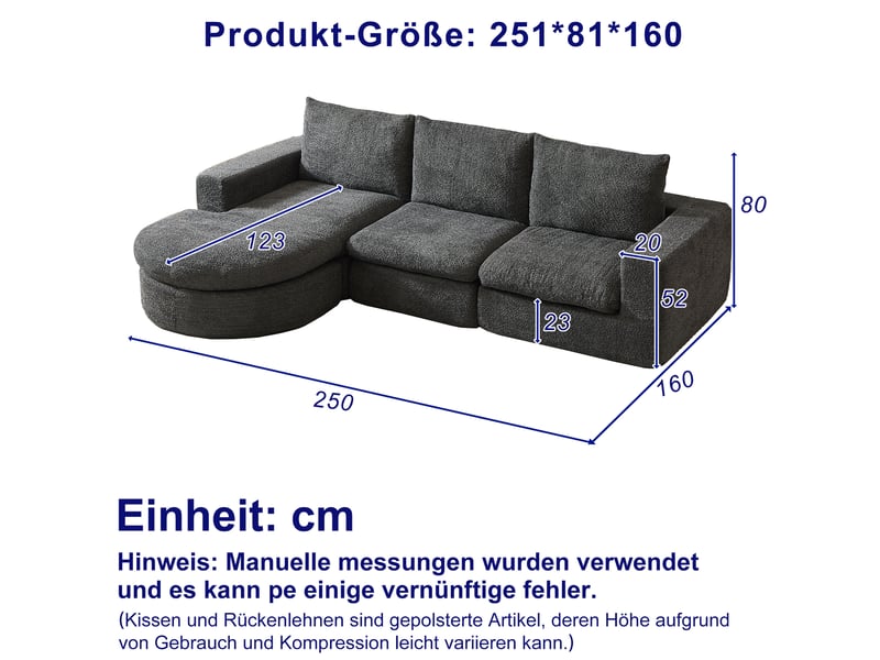 Canapé modulable tcqpz 3 places 250 x 160 x 80 cm chaise longue réversible chenille gris - Conforama C