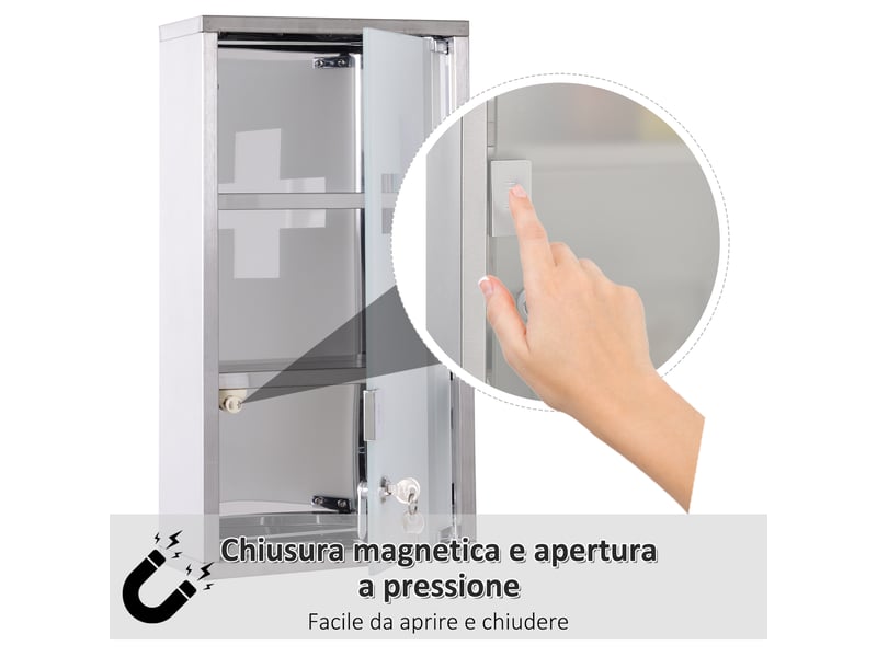  Armoire à pharmacie murale verrouillable, acier inoxydable 430, 3 étagères, 25 x 12 x 48 cm  - Conforama R