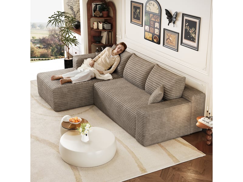  Canapé d’angle 3 places en velours côtelé camel, canapé panoramique 241 cm avec méridienne, assise profonde pour le salon  - Conforama R