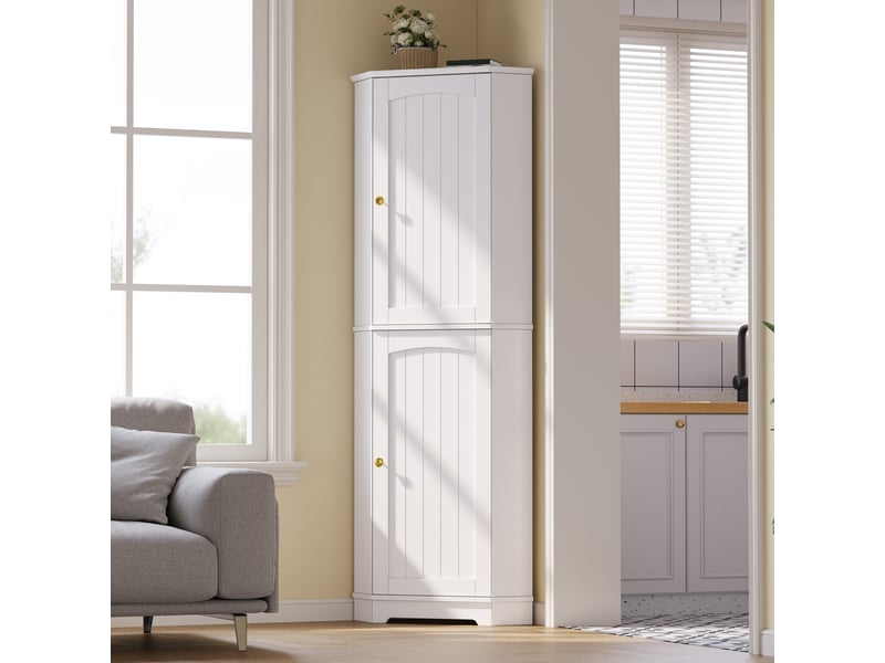 Buffet de cuisine 2 portes 42x42x166 cm - meuble d'angle avec étagères réglables et fixation anti-basculement - blanc - Conforama D