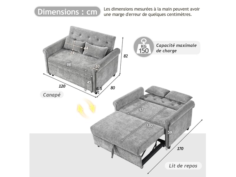 Canapé-lit 2 places 3-en-1 120x80x82 cm – gris – dossier 3 positions, tissu chenille, 2 coussins - Conforama C