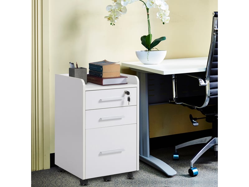  Caisson de bureau rangement bureau sur roulettes 3 tiroirs 1 verrouillable 1 trieur dossiers en bois blanc  - Conforama W