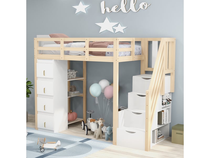  Lit mezzanine 90 x 200 cm en bois massif avec tiroirs, étagères, échelle sécurisée et rangements, bois naturel  - Conforama D
