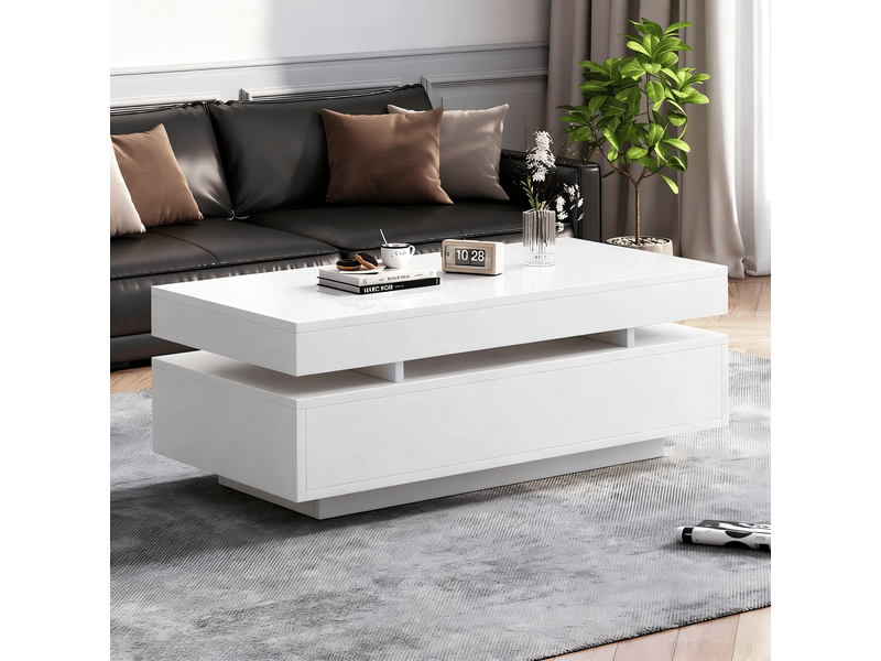  Table basse led 100 x 50 x 35 cm blanche brillante 2 tiroirs panneaux agglomérés usb rangement salon moderne chic pratique déco  - Conforama C