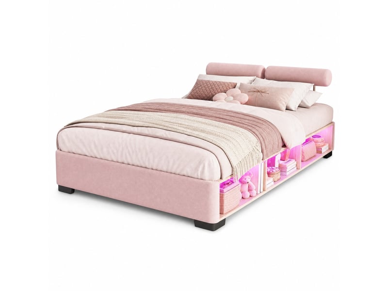  Lit enfant rembourré 140 x 200 cm rose avec rangement latéral led et sommier  - Conforama A