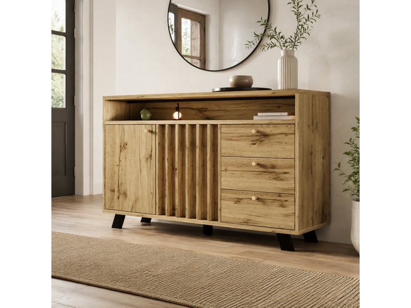  Buffet avec 2 portes, 3 tiroirs et niche ouverte pour salon en mdf 120×40×85 cm chêne foncé  - Conforama B
