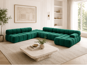 Canapé panoramique modulable VENUS avec méridienne à droite et pouf – velours vert – 376 × 282 cm