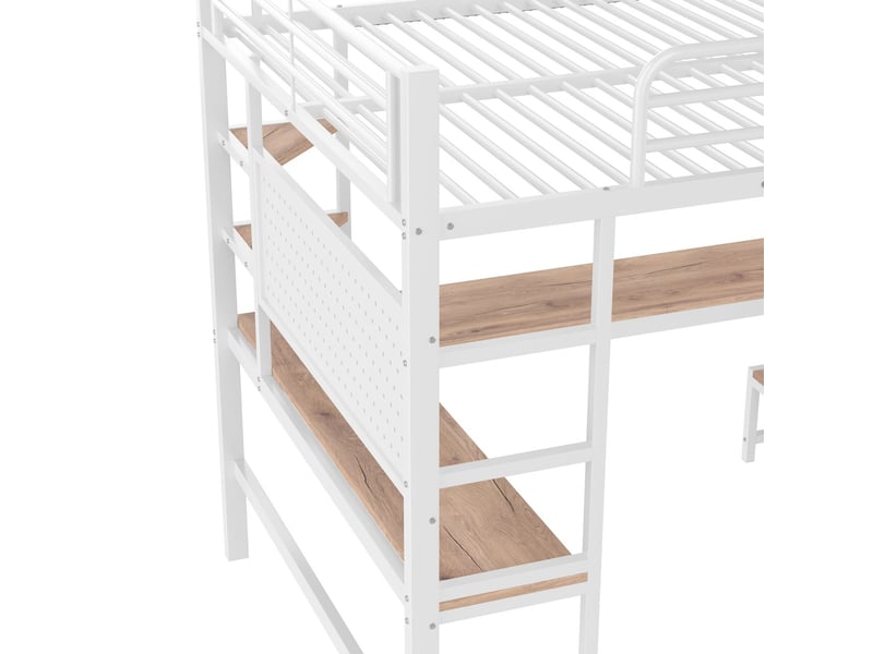  Lit mezzanine avec bureau 140 x 200 cm cadre en fer bureau intégré garde-corps échelle d'accès plusieurs compartiments prise usb-c et usb éclairage led panneau perforé  - Conforama D