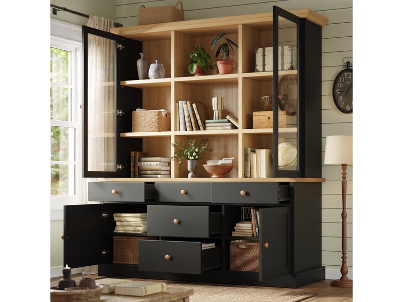  Buffet haut 140x40x185cm avec 5 grands tiroirs, portes vitrées et dispositif anti-basculement, meuble de rangement pour cuisine et salle à manger, noir evarich - Conforama E