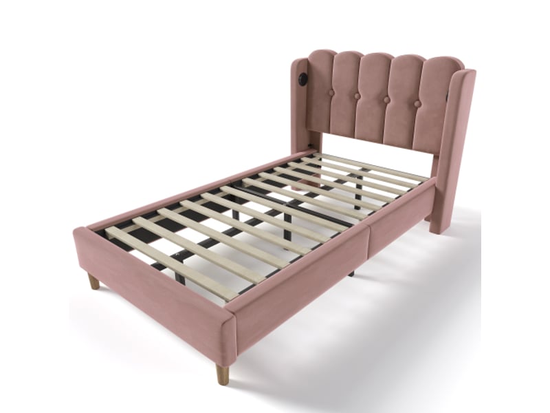  Lit simple 90x200 cm, lit enfant avec fonction de chargement usb type c, tissu en velours, rose, sans matelas  - Conforama E