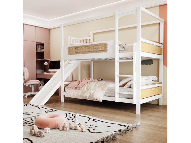  Modenvie lit superposé enfant 90x200 cm - avec toboggan, échelle large et barrières de sécurité - blanc et naturel  - Conforama D