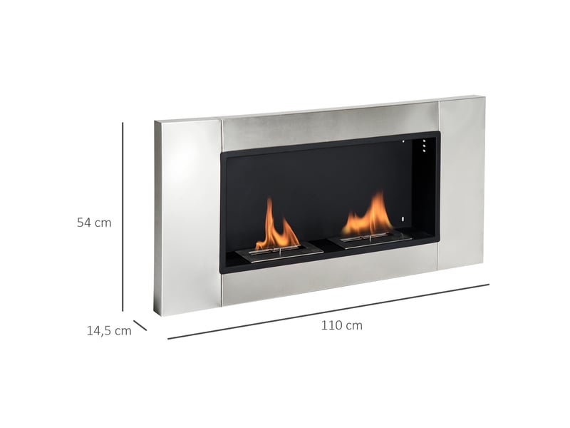  Cheminée bioéthanol murale encastrable brûleur 2*0,9 l, environ 3 h de durée de combustion 110l x 14,5l x 54h cm couverture 25-30 m² acier inox  - Conforama C