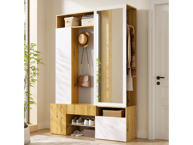  Vestiaire d'entrée 127x35x180,5 cm avec miroir, meuble d'entrée mdf avec penderie, range-chaussures et rangements, armoire de couloir - blanc et naturel  - Conforama B