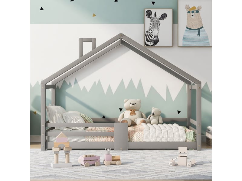  Lit cabane enfant 90x200cm bois massif gris avec cheminée - lit enfant - sommier inclus, barrière de sécurité, style scandinave  - Conforama B