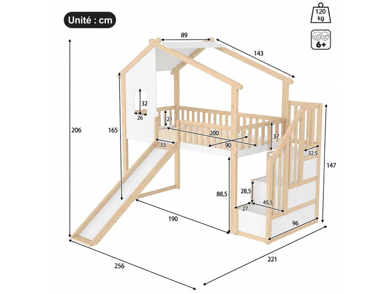 Lit mezzanine enfant 90 x 200 cm avec toboggan et rangements, forme cabane en pin massif, mdf et contreplaqué, naturel et blanc - Conforama C