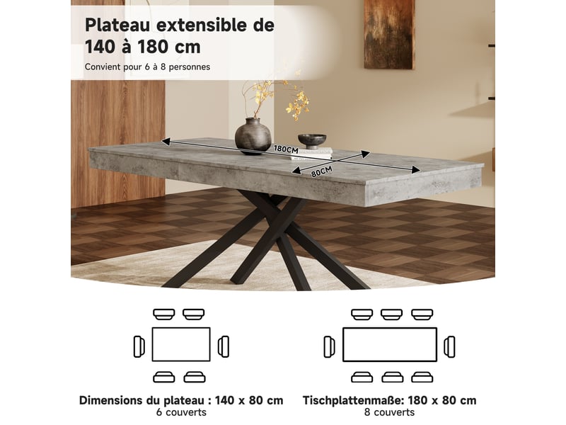  Table à manger extensible 140 à 180 x 80 cm - plateau extensible - pour 6 à 8 personnes - plateau rectangulaire - mdf - gris  - Conforama E