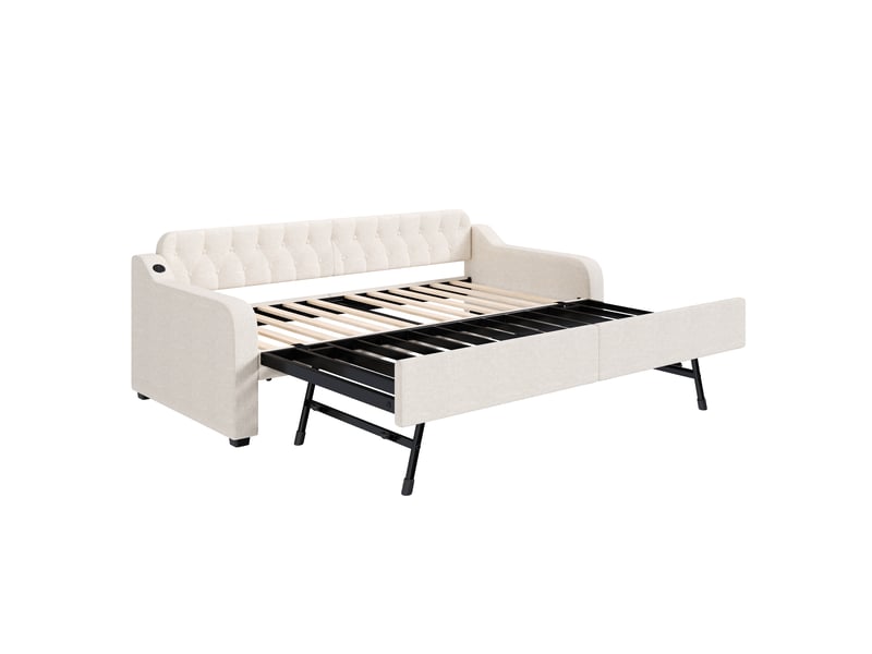 Lit banquette beige 90x200 cm avec lit gigogne et prise usb - Conforama D