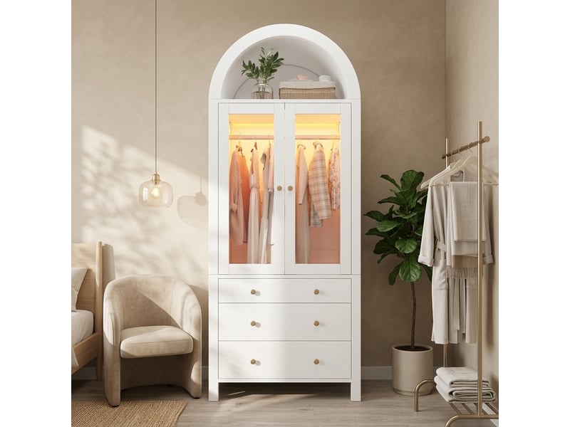  Armoire penderie 80 cm à sommet arrondi avec led, 2 portes vitrées, 1 tringle, 3 tiroirs, compartiment à bijoux sous verre trempé, blanc  - Conforama C