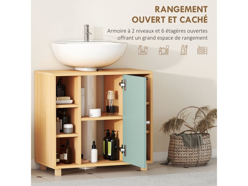 Meuble sous lavabo, meuble de salle de bain avec 6 étagères ouvertes et porte à fermeture amortie 60 x 33 x 57 cm, vert - Conforama E