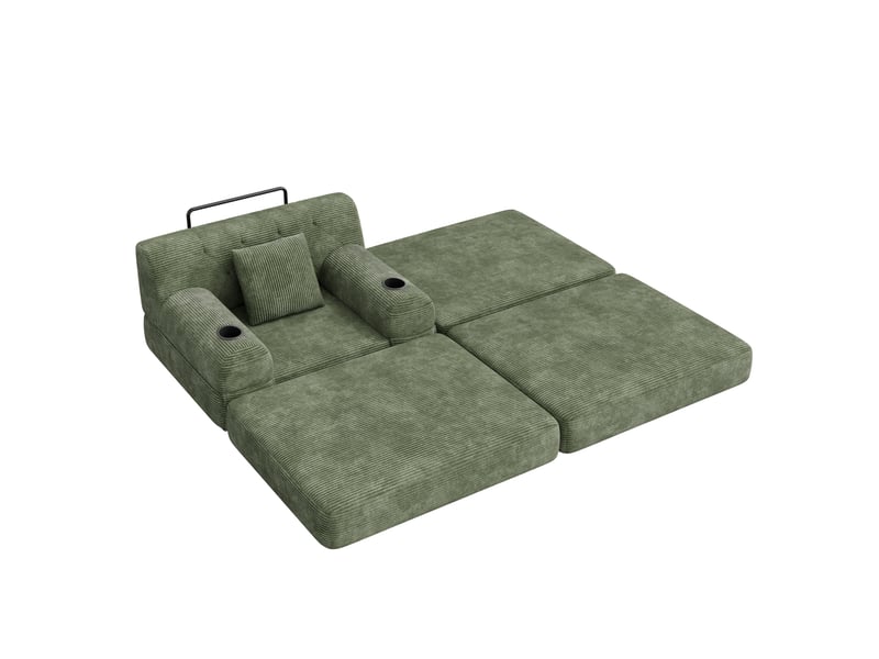 Fauteuil convertible 1 place avec repose-pieds, 4 poches et 2 porte-gobelets en velours côtelé vert - Conforama A