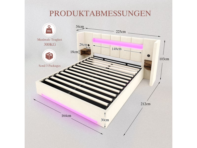  Lit coffre 160x200 cm, lit double, rangement hydraulique, armoire, led, port usb, velours beige  - Conforama C