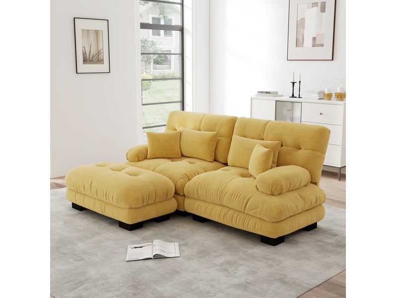  Canapé d'angle ulevr modulable 2 places avec ottoman mobile, coussins lombaires, chenille jaune 220 x 145 x 81 cm  - Conforama B