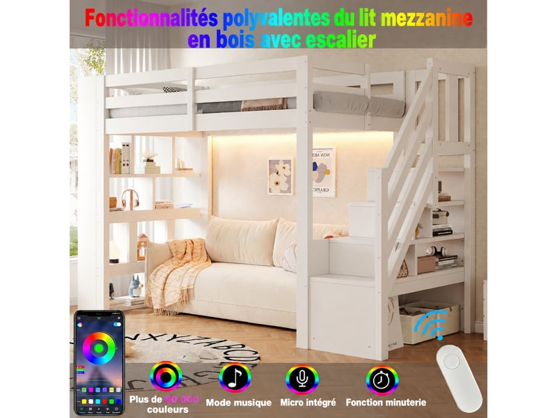  Lit mezzanine en bois 90 x 200 cm avec rangements et led, blanc  - Conforama D