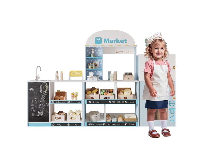  Magasin jouet enfant, bleu, étagères, réfrigérateur, tableau noir, comptoir latéral et robinet, dès 3 ans  - Conforama A