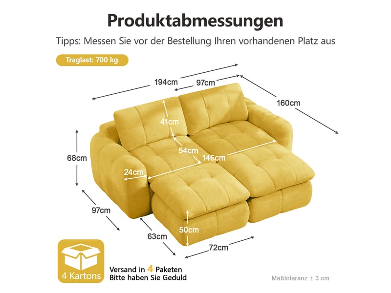  Canapé modulaire 2 places sans cadre avec 2 poufs, assise profonde - lpospi - chenille jaune 194 × 160 × 68 cm  - Conforama D