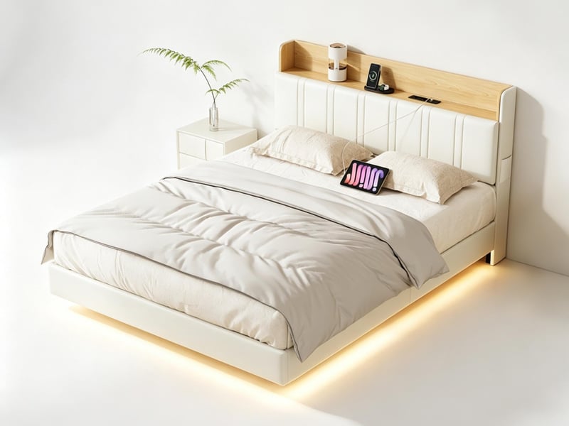  Lit 2 places 140x190 adulte en tissu beige avec tête de lit 2 placese – lit 2 places  avec éclairage led intégré et sommier à lattes  - Conforama A