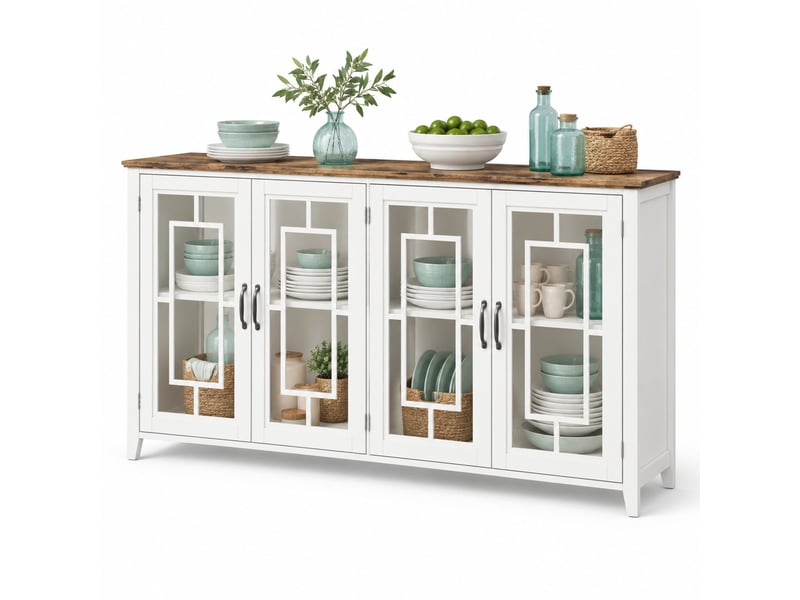  Buffet de cuisine 160x40x86 cm à portes vitrées, plateau effet bois rétro, mdf blanc  - Conforama A