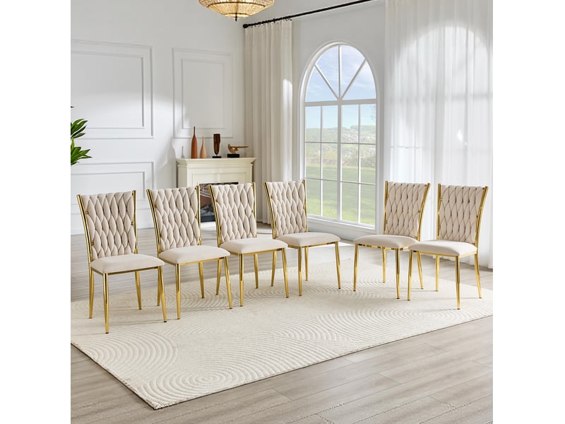  Chaise de salle à manger rembourrée, dossier tressé, velours beige et métal doré  - Conforama D