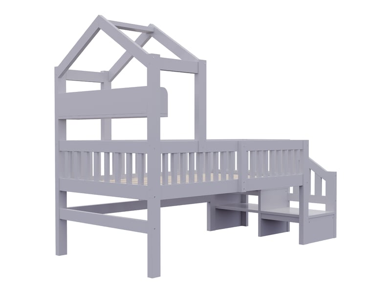  Lit surélevé enfant 90x200 cm gris en bois, toit, led, usb, rangements et échelle Fay Lum - Conforama D