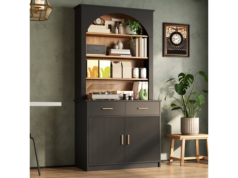  Armoire de cuisine haute 80x40x180cm, façade ondulée, 2 portes, 2 tiroirs, poignées dorées et étagères réglables, noir et bois naturel, cuisine  - Conforama C