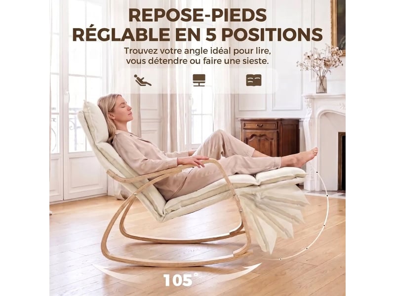  Fauteuil à bascule blanc crème avec repose-pieds réglable 5 positions et revêtement aspect lin  - Conforama R