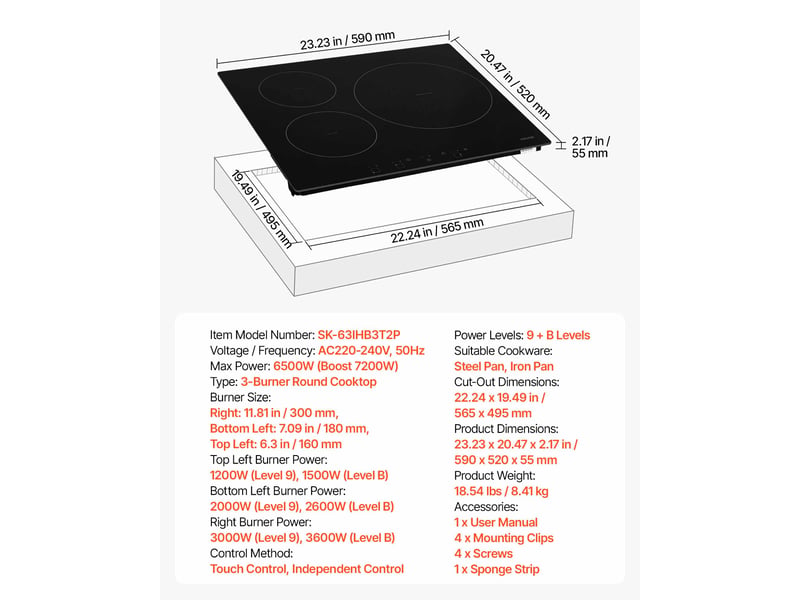 Vevor plaque à induction 3 foyers 59 cm encastrable 6200 w (boost 7200 w), 9 niveaux, écran tactile led, surface vitrocéramique, sécurité enfants SK-63IHB3T2 - Conforama C
