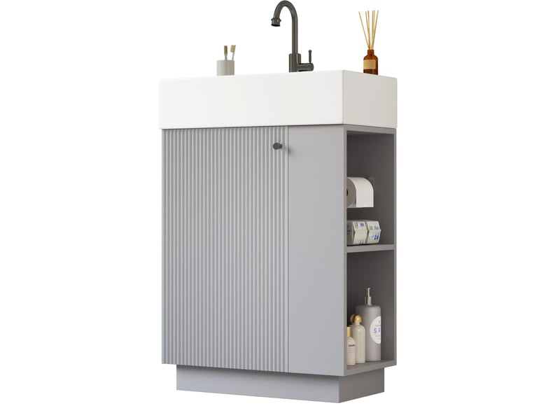  Meuble vasque salle de bain 55x32x87 cm, pose libre, façade rainurée, porte fermeture douce, céramique, gris  - Conforama A