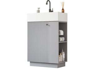 Meuble vasque salle de bain 55x32x87 cm, pose libre, façade rainurée, porte fermeture douce, céramique, gris
