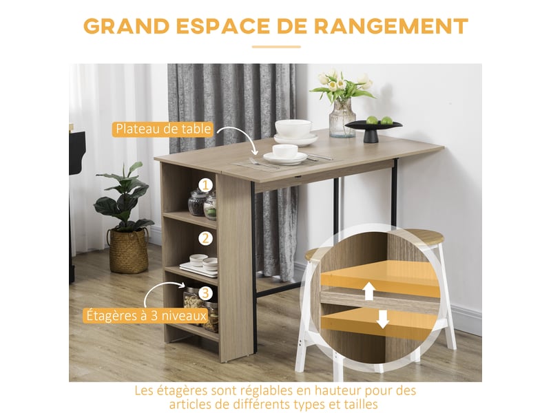  Ilot centra table de bar plateau latéral  rabattable et 3 étagères gris clair 120 x 76 x 91,4 cm  - Conforama E