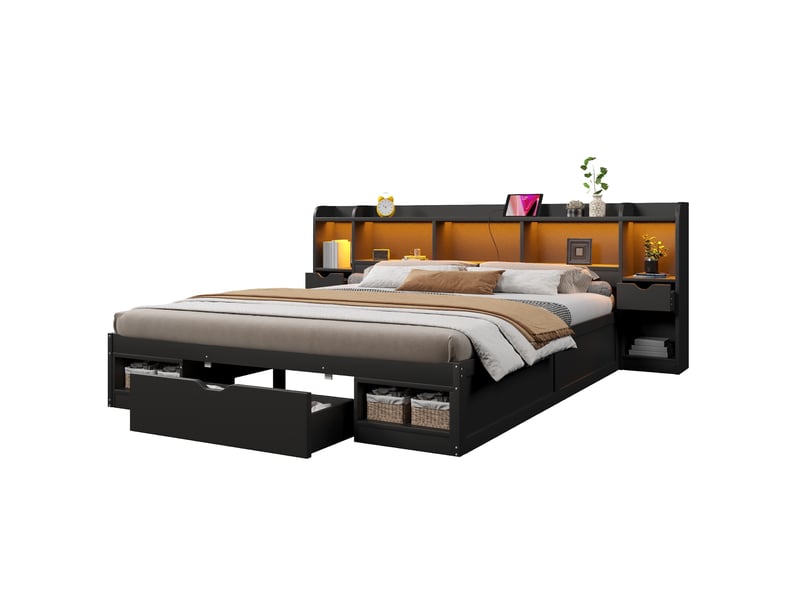  Lit adulte 180 × 200 cm 2 places avec 3 tiroirs, étagères, led réglable et usb, sans matelas, en mdf noir  - Conforama A